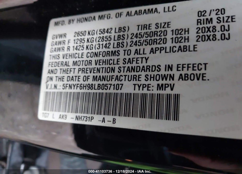 2020 HONDA PILOT AWD TOURING 8 PASSENGER VIN: 5FNYF6H98LB057107