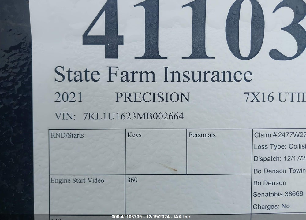 2021 PRECISION 7X16 UTILITY TRAILER VIN: 7KL1U1623MB002664
