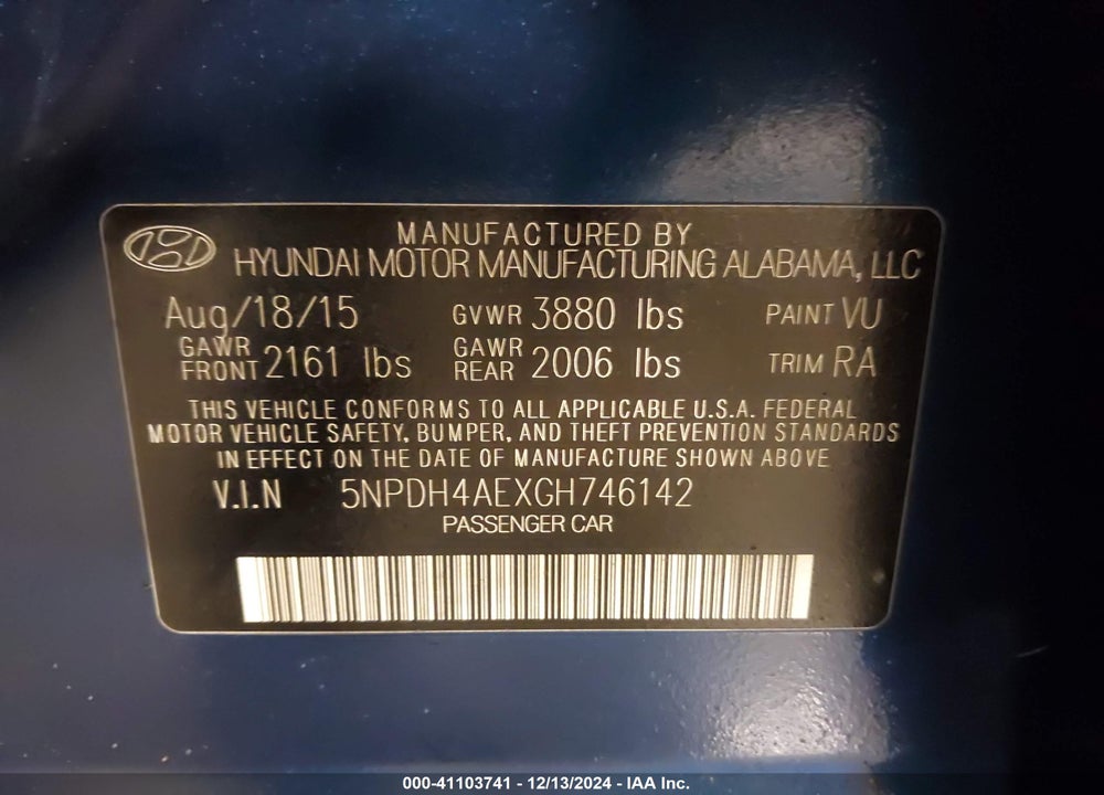2016 HYUNDAI ELANTRA SE VIN: 5NPDH4AEXGH746142