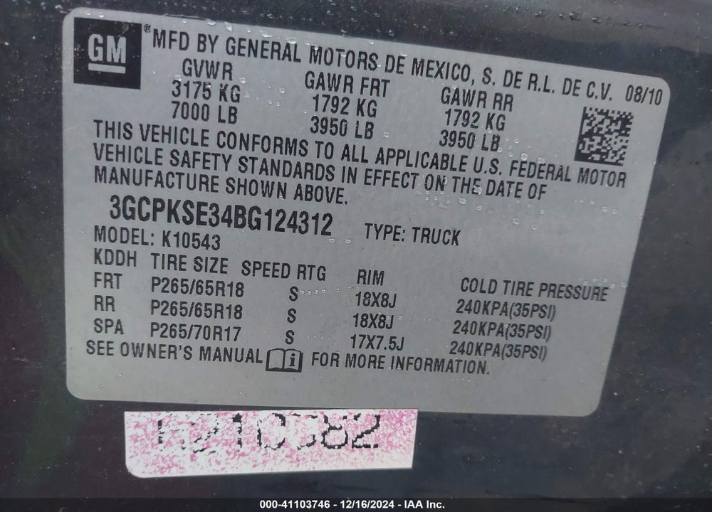 2011 CHEVROLET SILVERADO 1500 LT VIN: 3GCPKSE34BG124312