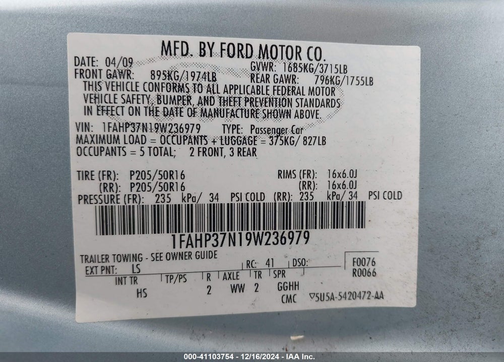 2009 FORD FOCUS SEL VIN: 1FAHP37N19W236979
