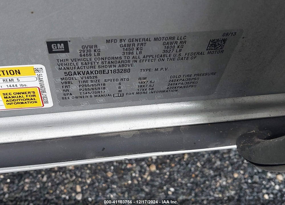 2014 BUICK ENCLAVE CONVENIENCE VIN: 5GAKVAKD8EJ183280