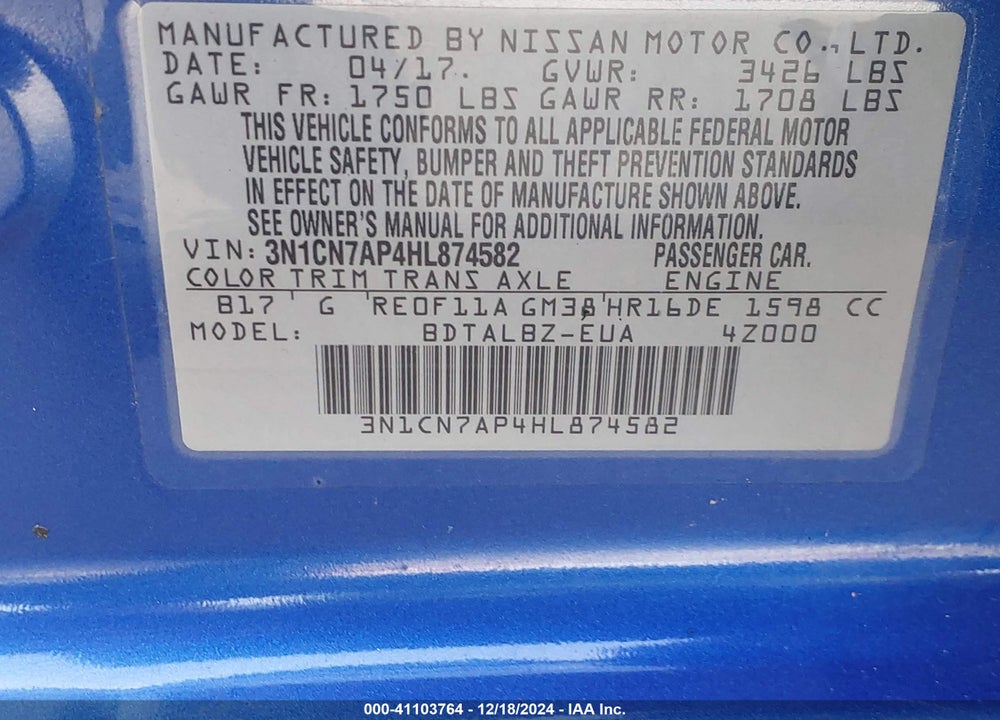 2017 NISSAN VERSA 1.6 SV VIN: 3N1CN7AP4HL874582