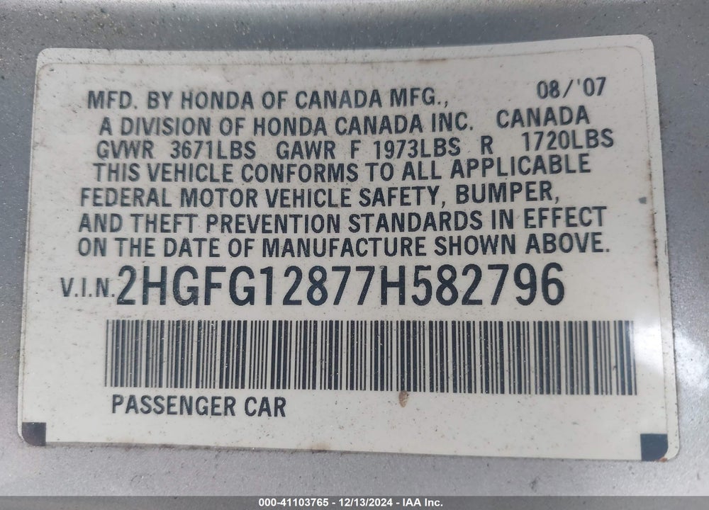 2007 HONDA CIVIC EX VIN: 2HGFG12877H582796