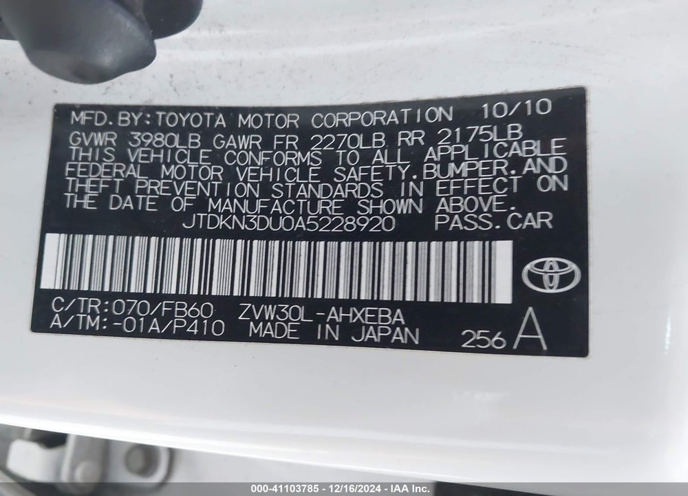 2010 TOYOTA PRIUS II VIN: JTDKN3DU0A5228920