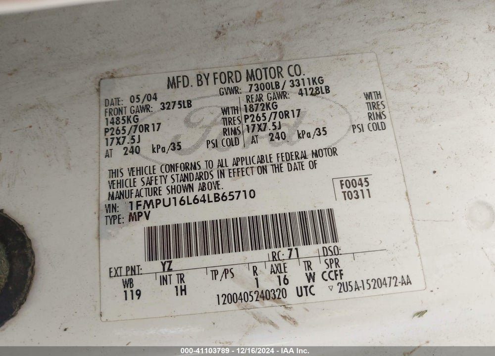 2004 FORD EXPEDITION NBX/XLT VIN: 1FMPU16L64LB65710