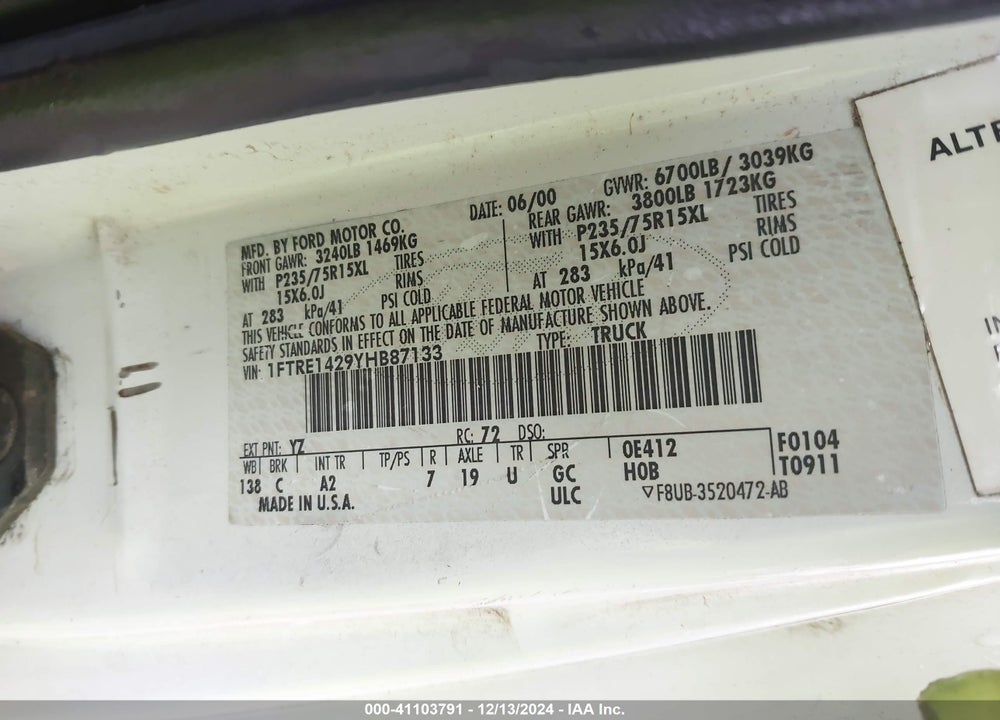 2000 FORD E-150 COMMERCIAL/RECREATIONAL VIN: 1FTRE1429YHB87133