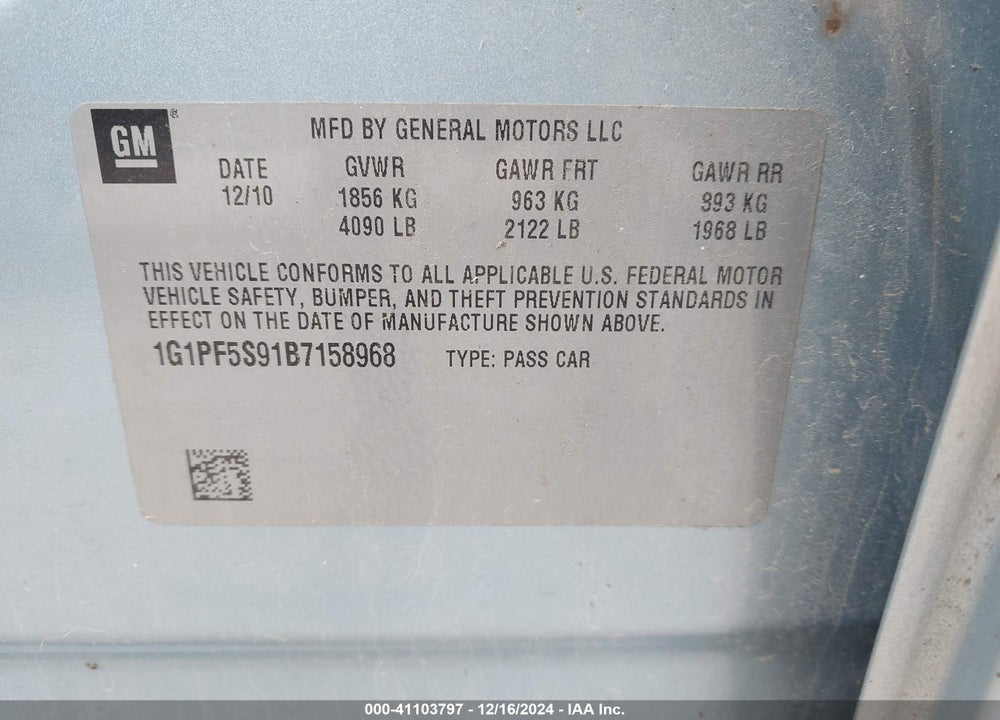 2011 CHEVROLET CRUZE 1LT VIN: 1G1PF5S91B7158968