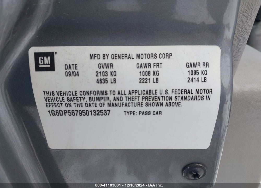 2005 CADILLAC CTS STANDARD VIN: 1G6DP567950132537