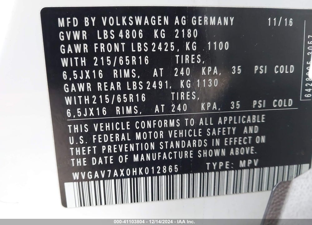 2017 VOLKSWAGEN TIGUAN 2.0T/2.0T S VIN: WVGAV7AX0HK012865