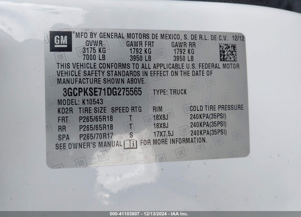 2013 CHEVROLET SILVERADO 1500 LT VIN: 3GCPKSE71DG275565