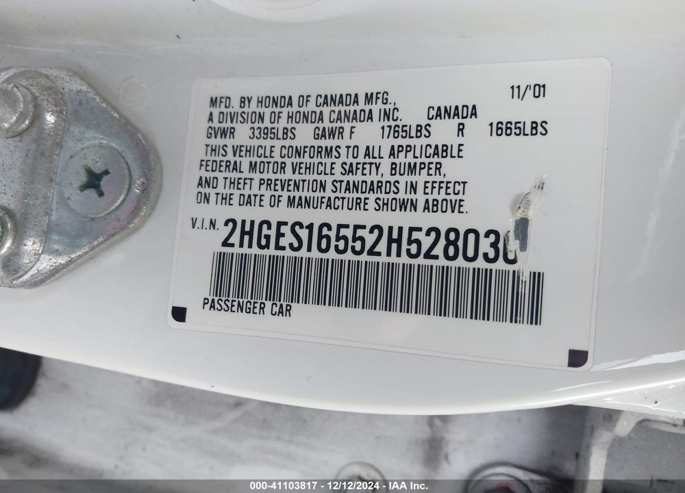 2002 HONDA CIVIC LX VIN: 2HGES16552H528030