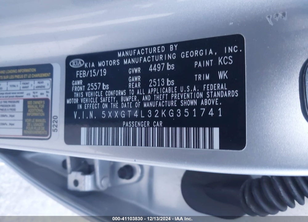 2019 KIA OPTIMA LX VIN: 5XXGT4L32KG351741