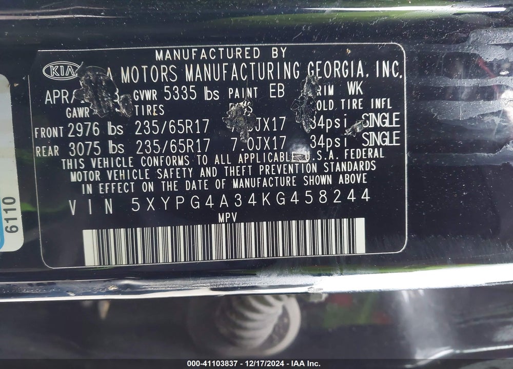 2019 KIA SORENTO 2.4L LX VIN: 5XYPG4A34KG458244