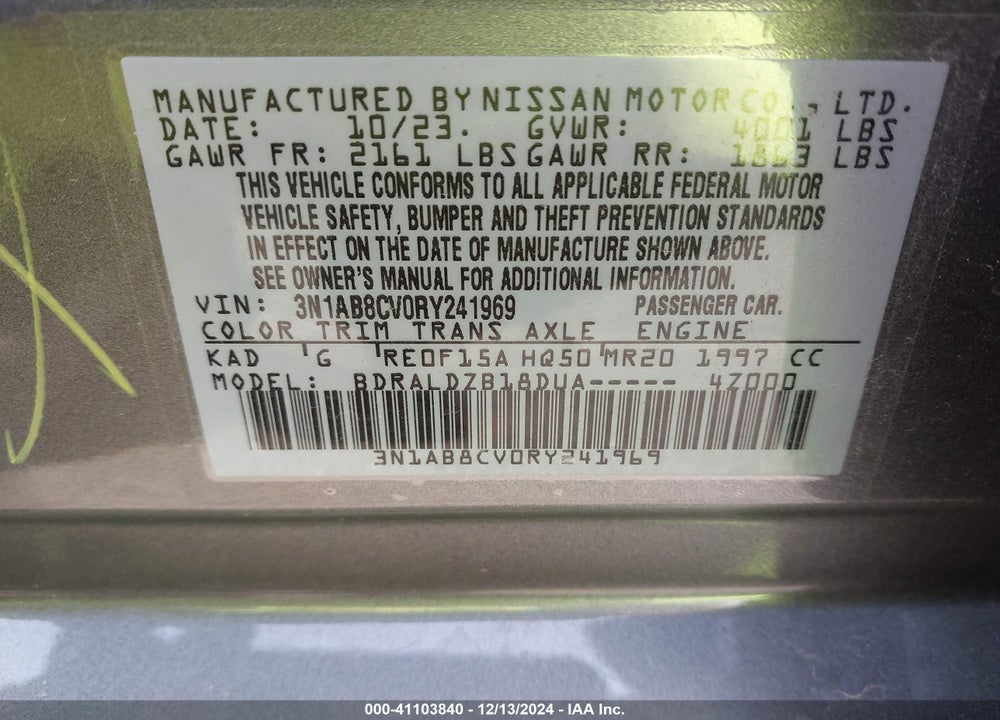 2024 NISSAN SENTRA SV XTRONIC CVT VIN: 3N1AB8CV0RY241969