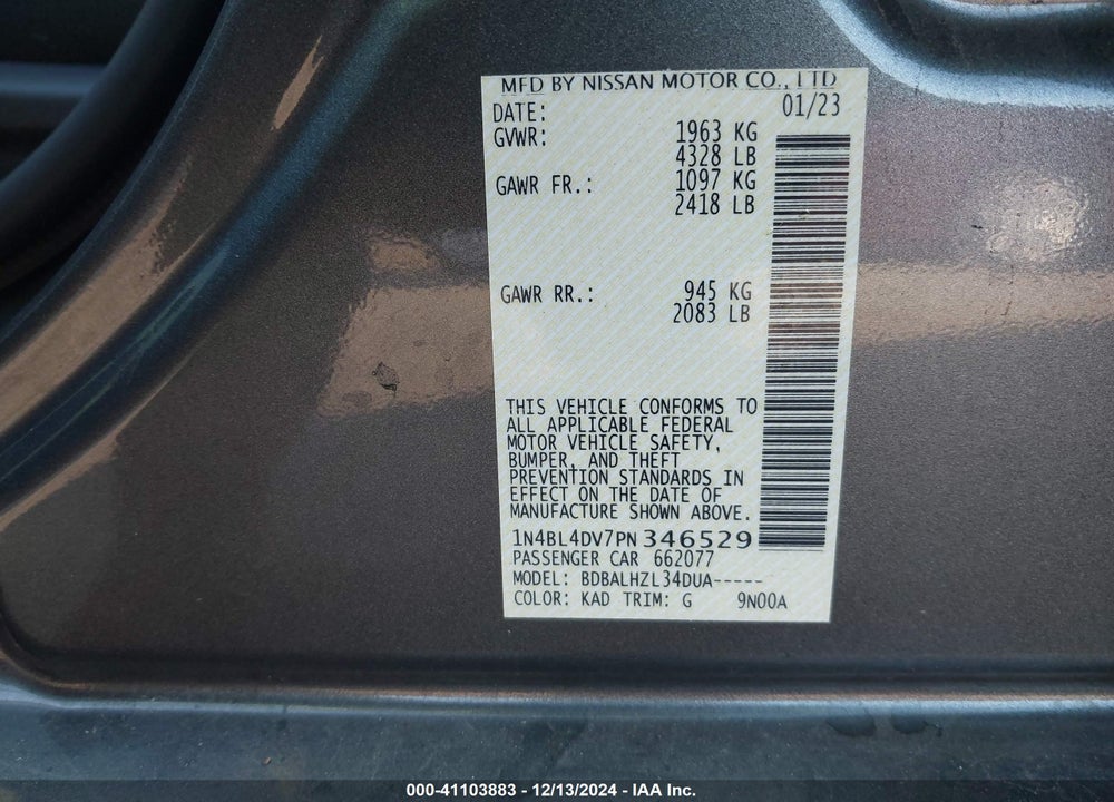 2023 NISSAN ALTIMA SV FWD VIN: 1N4BL4DV7PN346529