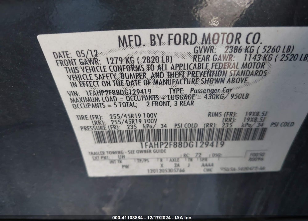 2013 FORD TAURUS LIMITED VIN: 1FAHP2F88DG129419