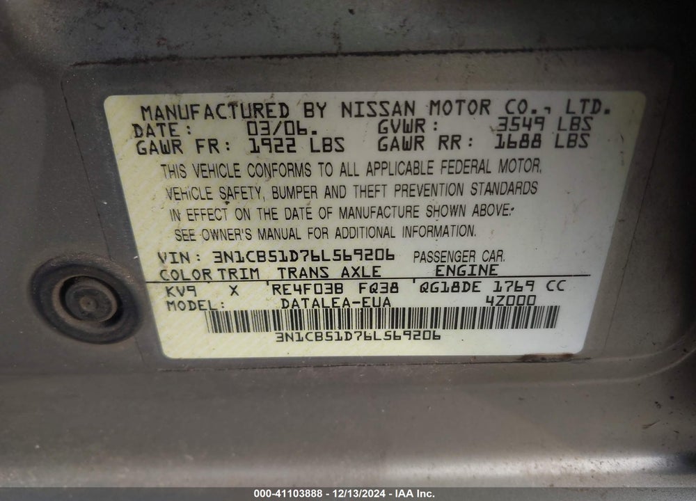 2006 NISSAN SENTRA 1.8S VIN: 3N1CB51D76L569206