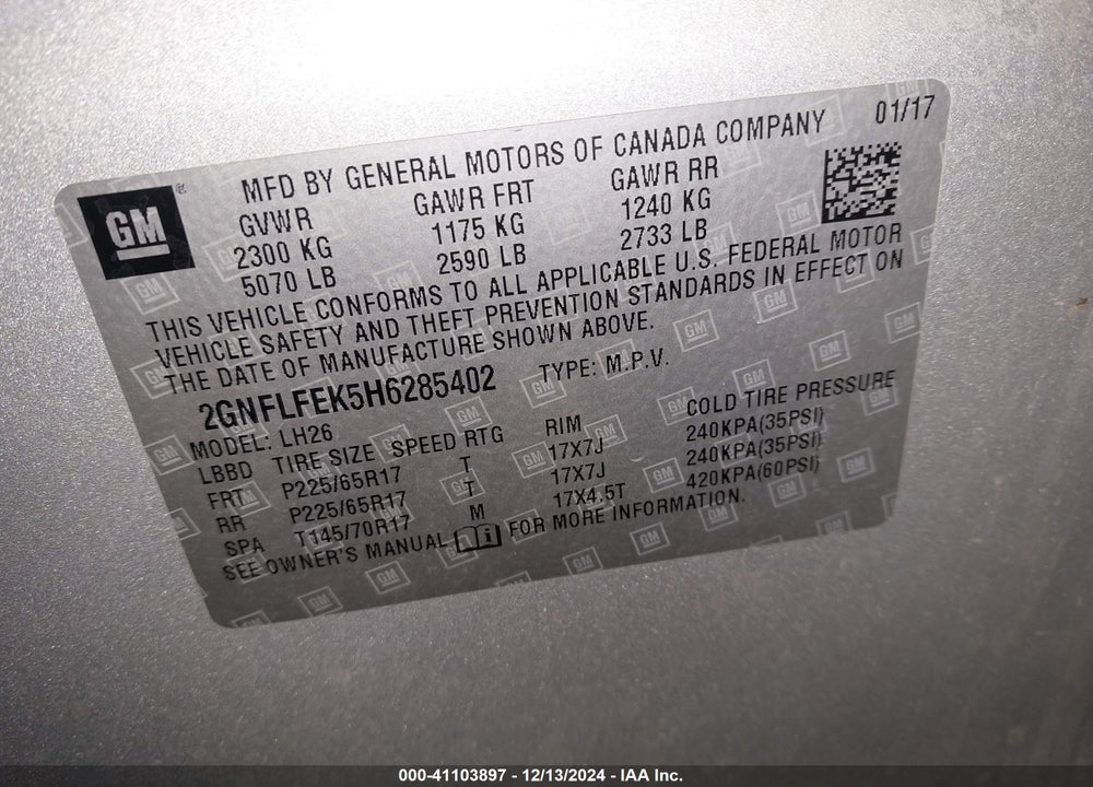2017 CHEVROLET EQUINOX LT VIN: 2GNFLFEK5H6285402