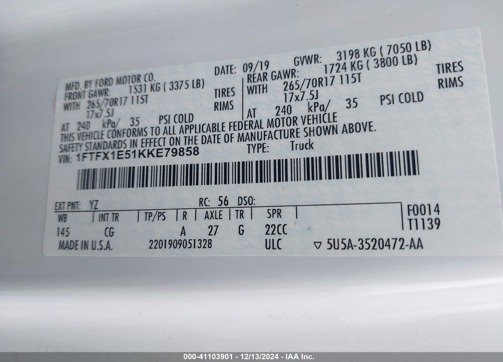 2019 FORD F-150 VIN: 1FTFX1E51KKE79858
