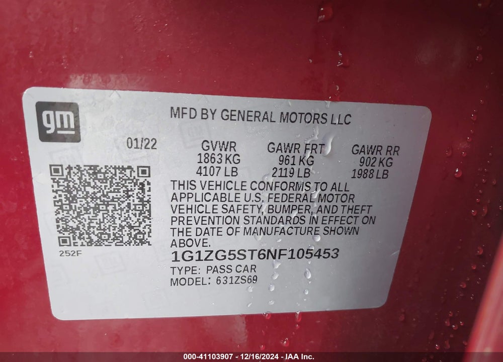 2022 CHEVROLET MALIBU FWD RS VIN: 1G1ZG5ST6NF105453