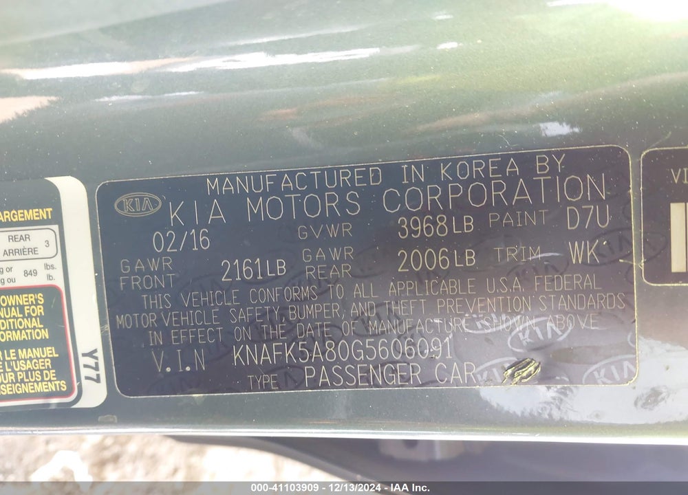2016 KIA FORTE LX VIN: KNAFK5A80G5606091