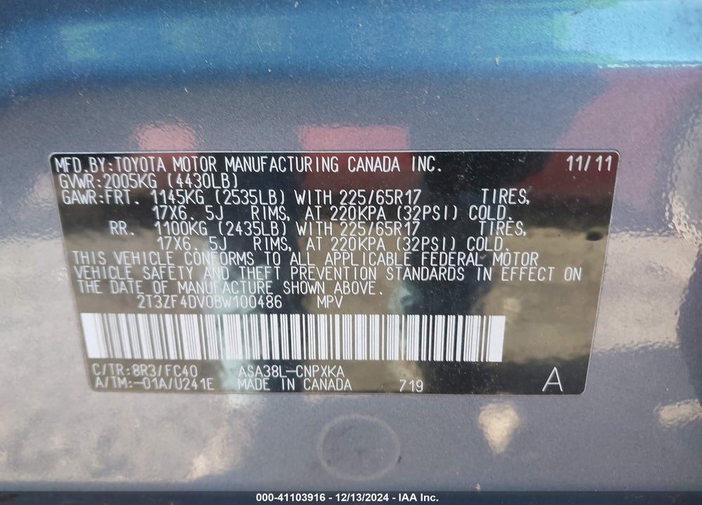 2011 TOYOTA RAV4 VIN: 2T3ZF4DV0BW100486