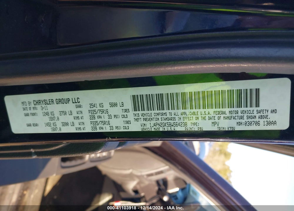 2011 JEEP LIBERTY SPORT VIN: 1J4PN2GK5BW564238