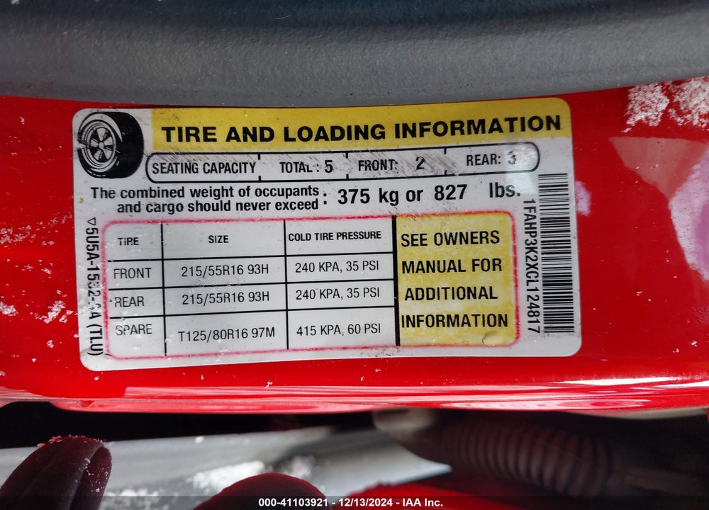 2012 FORD FOCUS SE VIN: 1FAHP3K2XCL124817