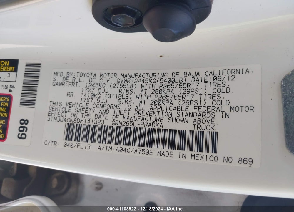 2013 TOYOTA TACOMA PRERUNNER V6 VIN: 3TMJU4GN8DM141323