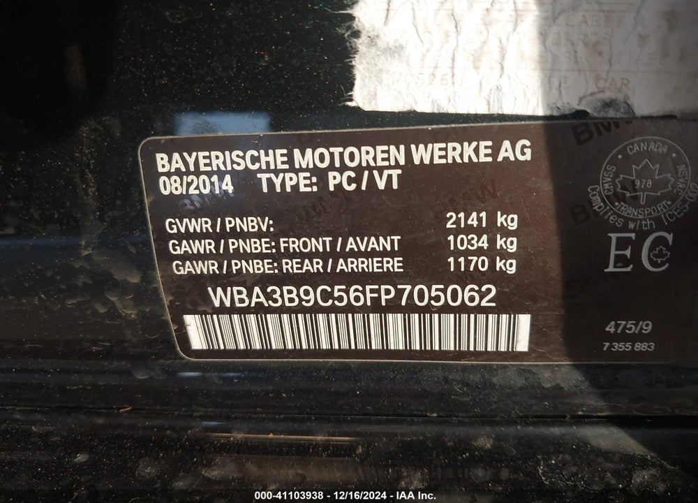2015 BMW 335I XDRIVE VIN: WBA3B9C56FP705062