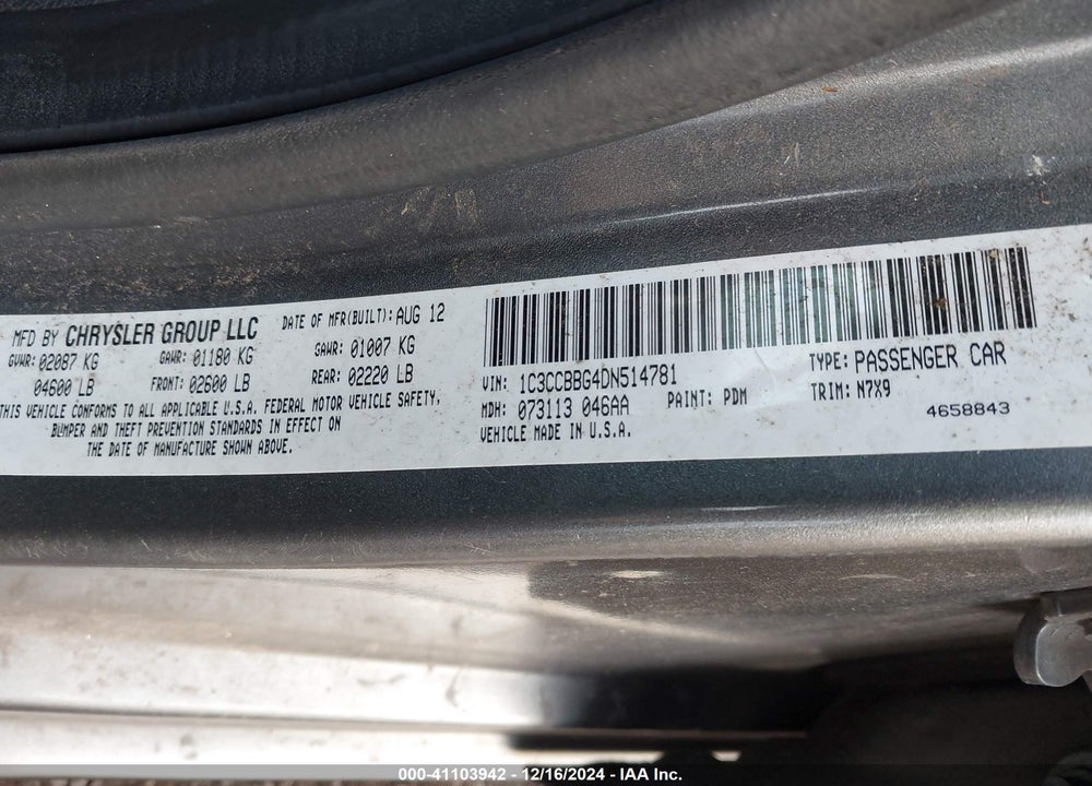 2013 CHRYSLER 200 VIN: 1C3CCBBG4DN514781