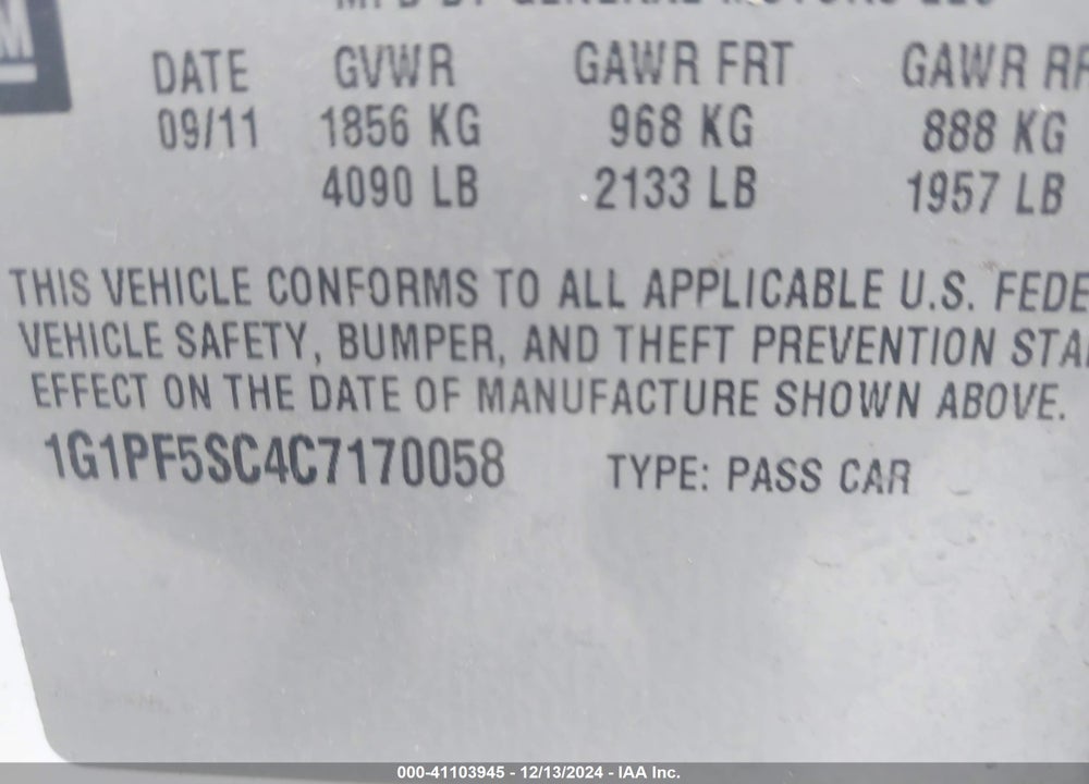 2012 CHEVROLET CRUZE 1LT VIN: 1G1PF5SC4C7170058