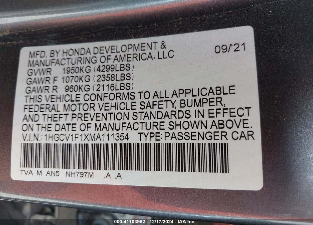 2021 HONDA ACCORD VIN: 1HGCV1F1XMA111354