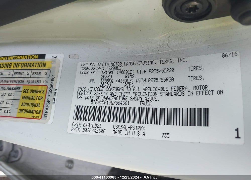 2016 TOYOTA TUNDRA 1794 5.7L V8 VIN: 5TFAY5F17GX564661