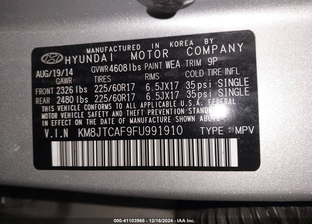 2015 HYUNDAI TUCSON GLS VIN: KM8JTCAF9FU991910