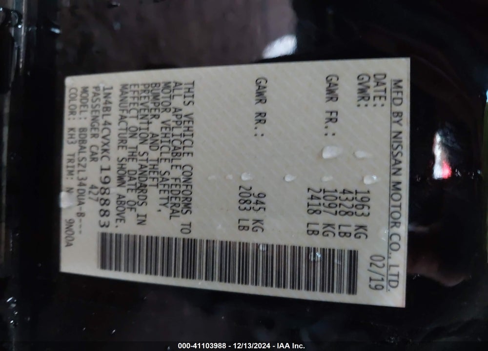 2019 NISSAN ALTIMA VIN: 1N4BL4CVXKC198883