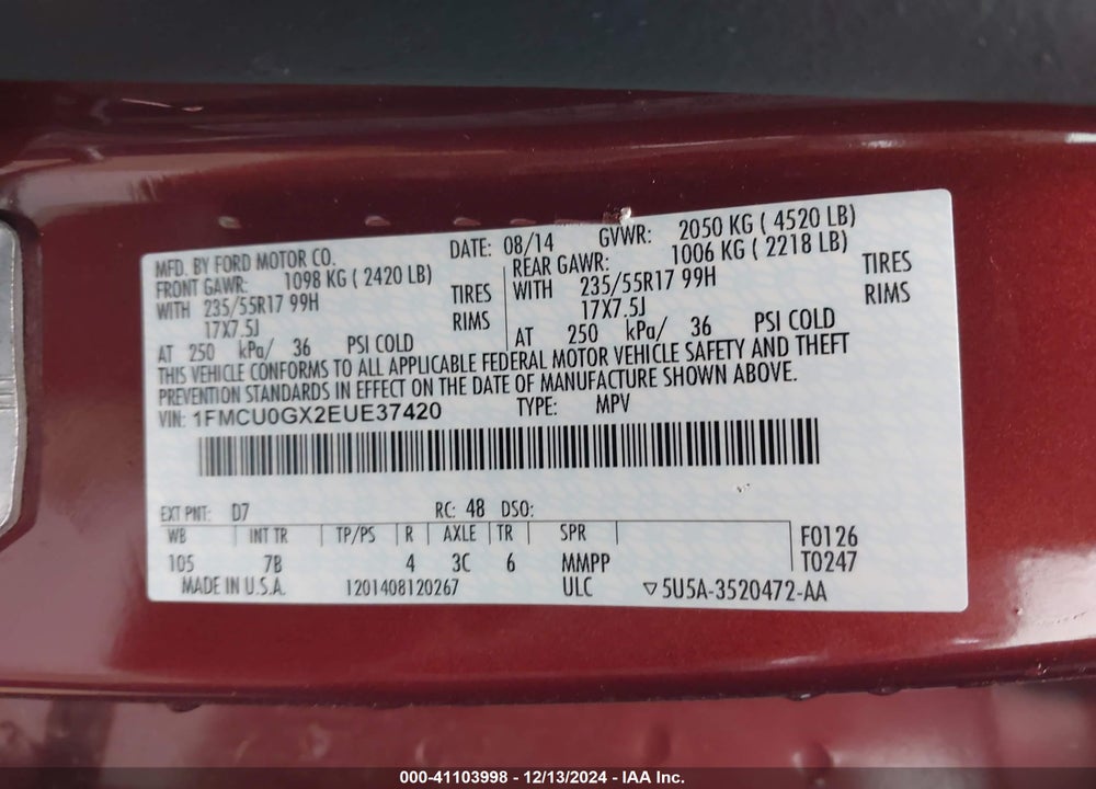 2014 FORD ESCAPE SE VIN: 1FMCU0GX2EUE37420