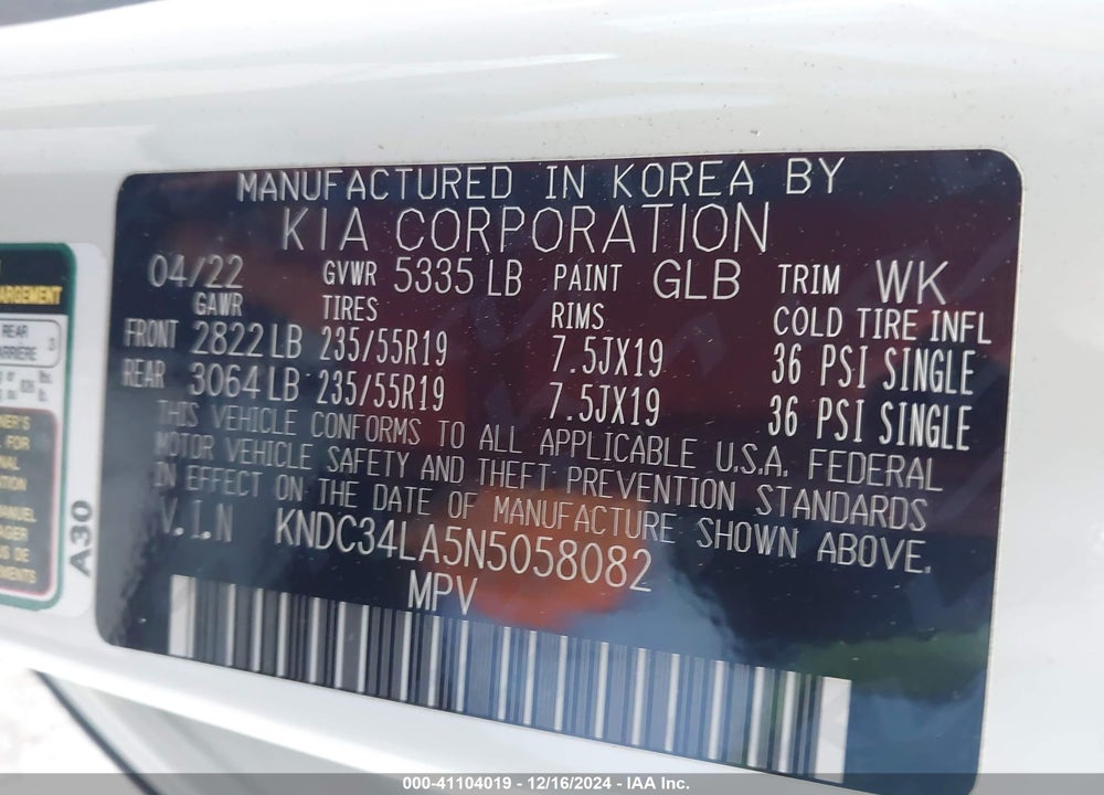 2022 KIA EV6 WIND VIN: KNDC34LA5N5058082