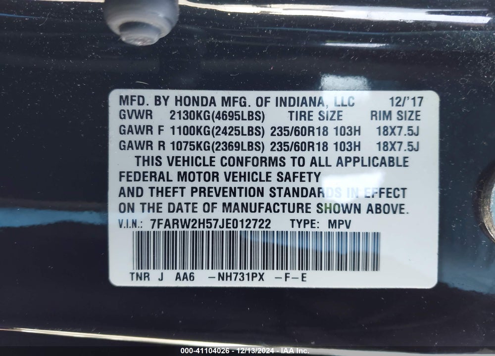 2018 HONDA CR-V EX VIN: 7FARW2H57JE012722