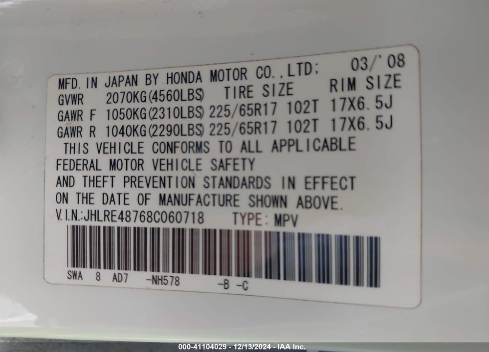 2008 HONDA CR-V EX-L VIN: JHLRE48768C060718