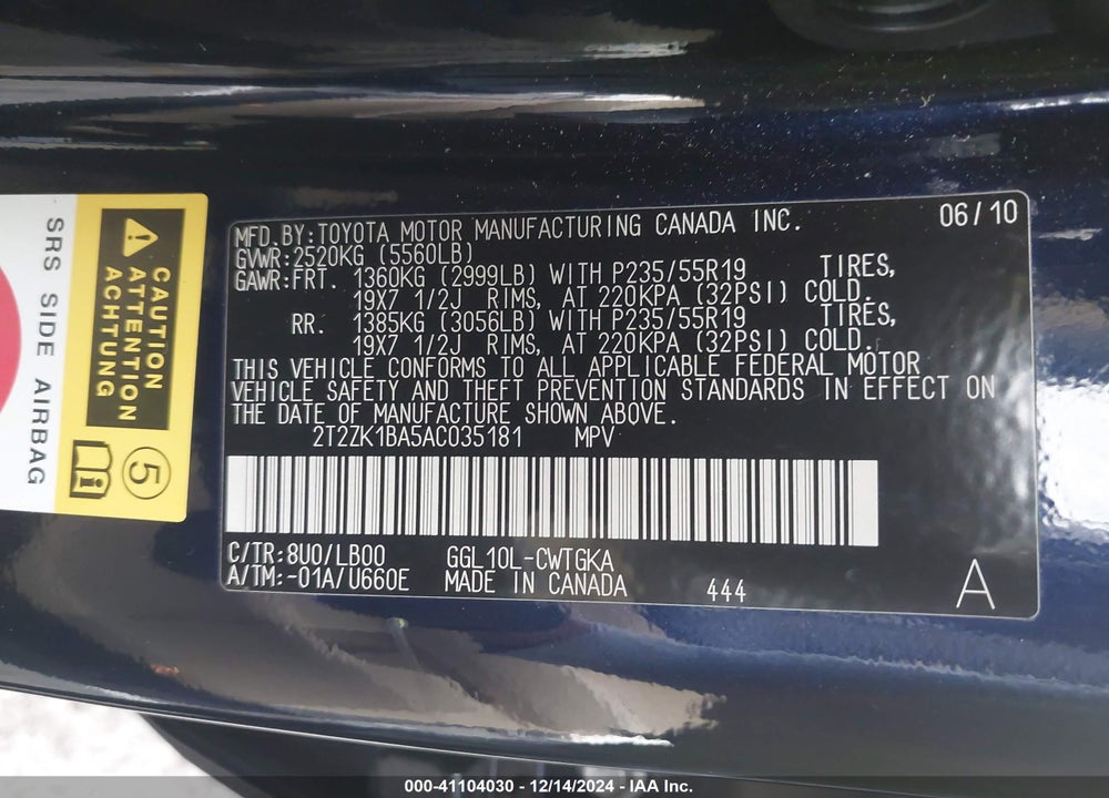 2010 LEXUS RX 350 VIN: 2T2ZK1BA5AC035181