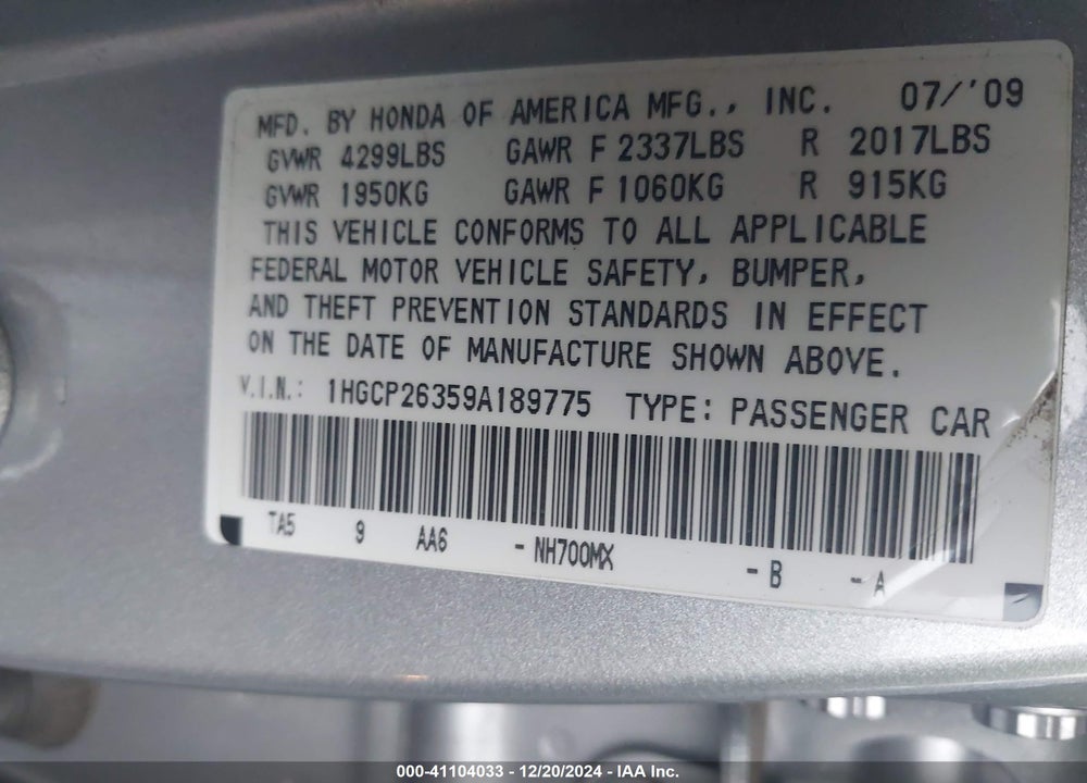 2009 HONDA ACCORD 2.4 LX VIN: 1HGCP26359A189775