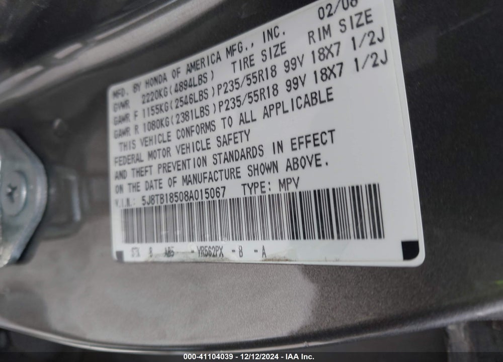 2008 ACURA RDX TECH PKG VIN: 5J8TB18508A015067