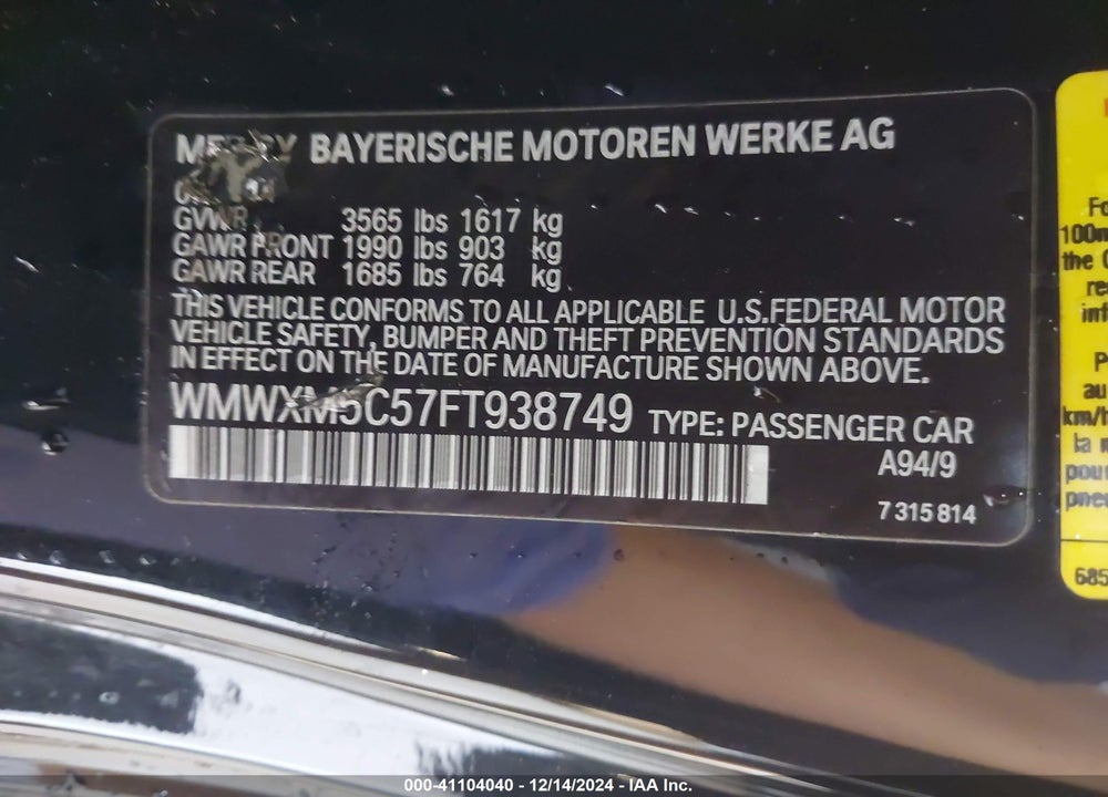 2015 MINI HARDTOP COOPER VIN: WMWXM5C57FT938749
