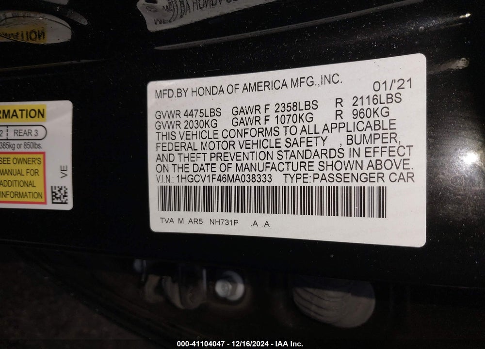 2021 HONDA ACCORD SPORT SPECIAL EDITION VIN: 1HGCV1F46MA038333
