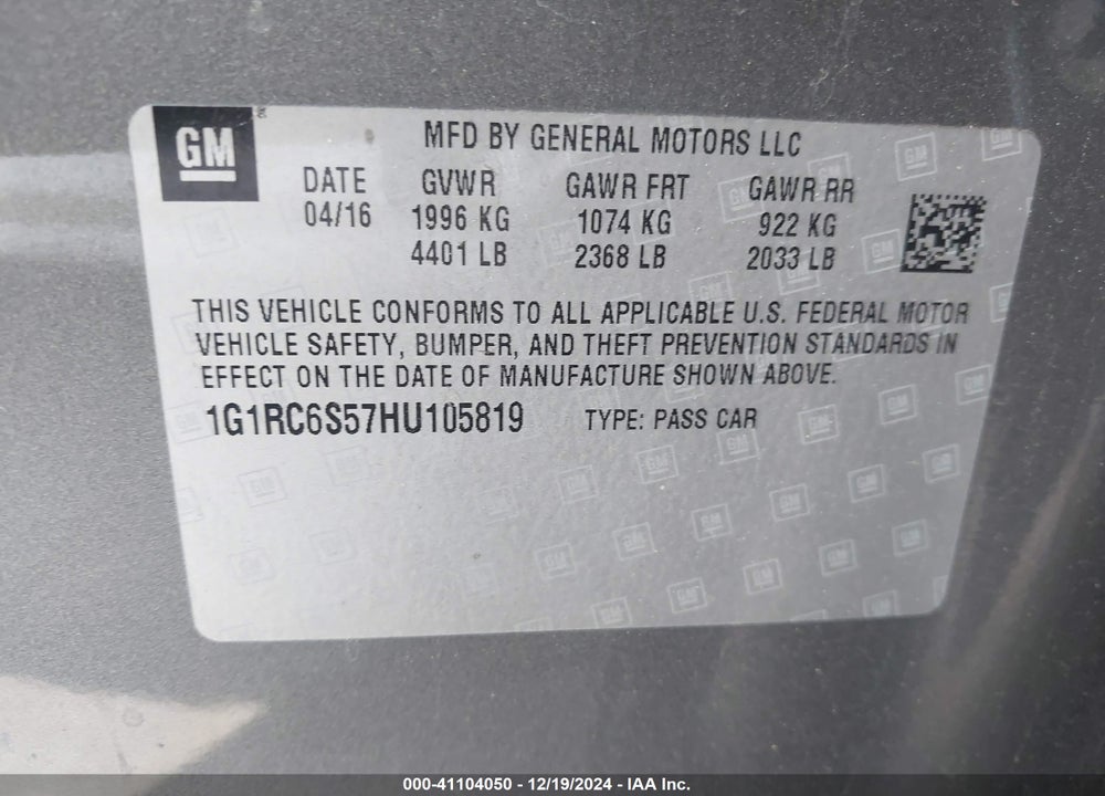 2017 CHEVROLET VOLT LT VIN: 1G1RC6S57HU105819