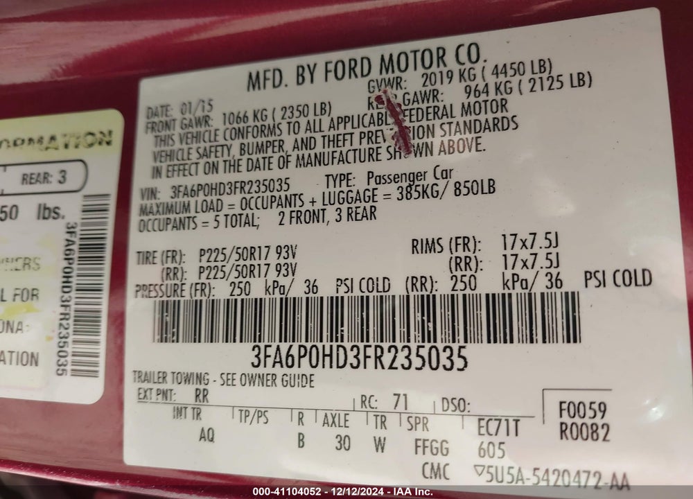 2015 FORD FUSION SE VIN: 3FA6P0HD3FR235035