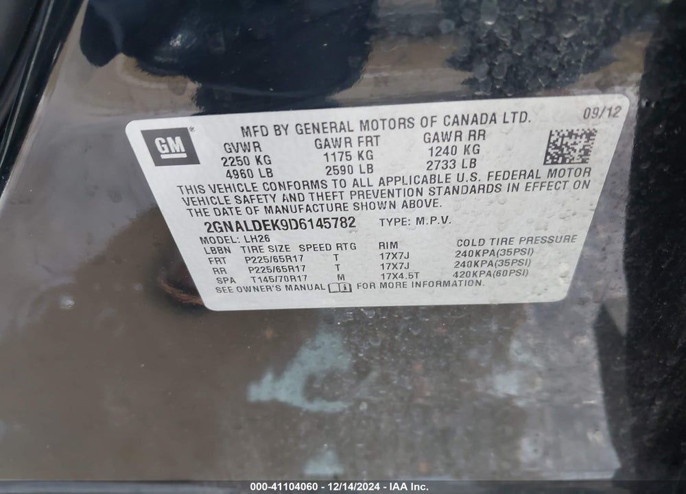 2013 CHEVROLET EQUINOX 1LT VIN: 2GNALDEK9D6145782