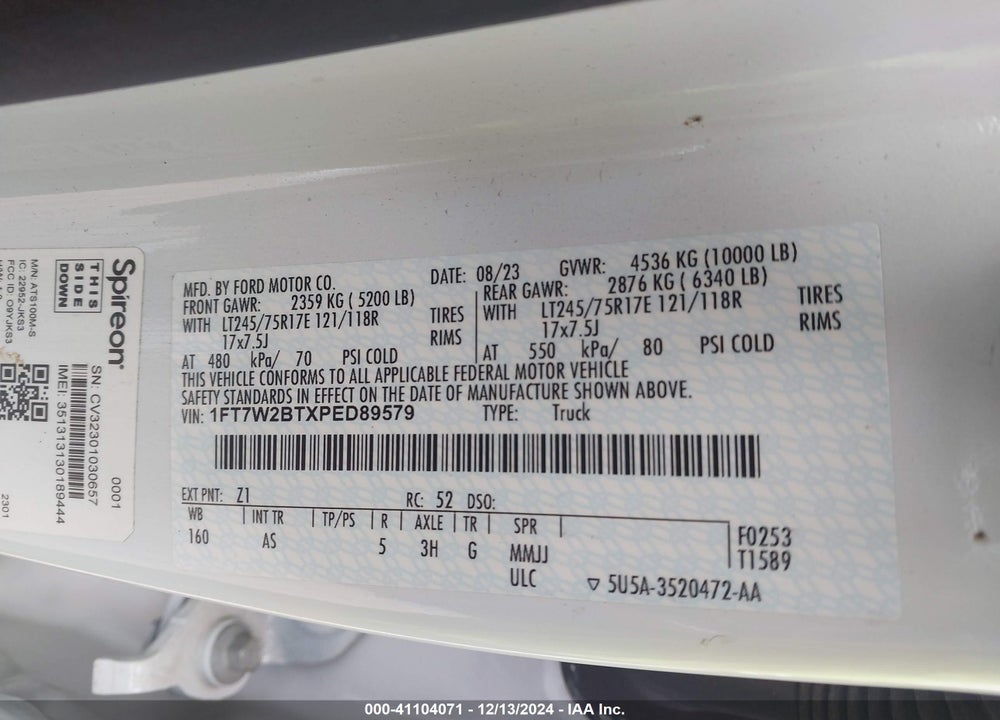 2023 FORD F-250 XL VIN: 1FT7W2BTXPED89579